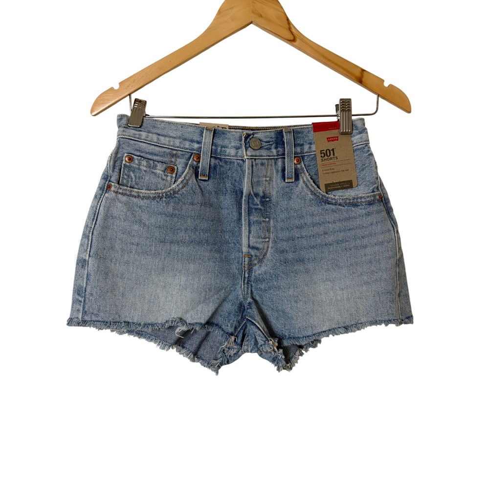 Levis 501 Original High Rise Denim Shorts Light Wash Raw Hem Size 25 NEW
